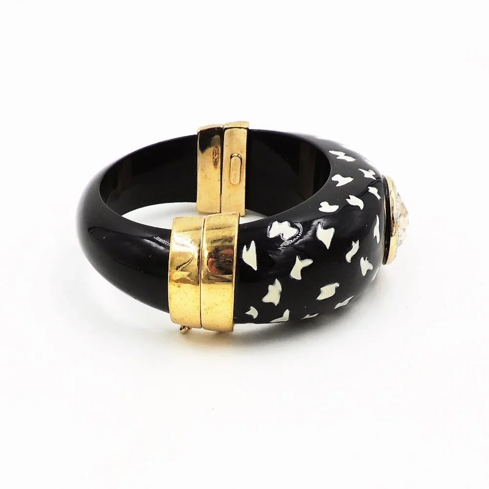 Vintage 1980s Italian Black Spotted Rhinestone Cuff Bracelet - Picture 4 of 11